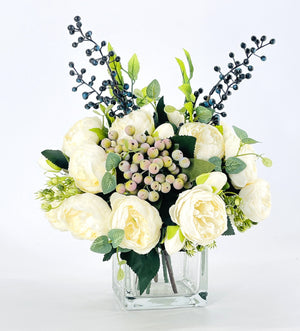 White Peonies/Berries/Blueberries Arrangement, Artificial Faux Centerpiece Faux Floral Silk Flowers in Glass Vase for Home Decor Blue Paris