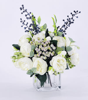 White Peonies/Berries/Blueberries Arrangement, Artificial Faux Centerpiece Faux Floral Silk Flowers in Glass Vase for Home Decor Blue Paris