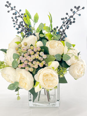 White Peonies/Berries/Blueberries Arrangement, Artificial Faux Centerpiece Faux Floral Silk Flowers in Glass Vase for Home Decor Blue Paris