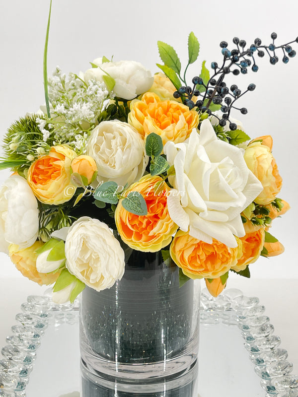 Modern Yellow White Rose Peony Arrangement, Artificial Faux Centerpiece Silk Flowers Floral Centerpiece French Decor in Circular Glass Vase for Home