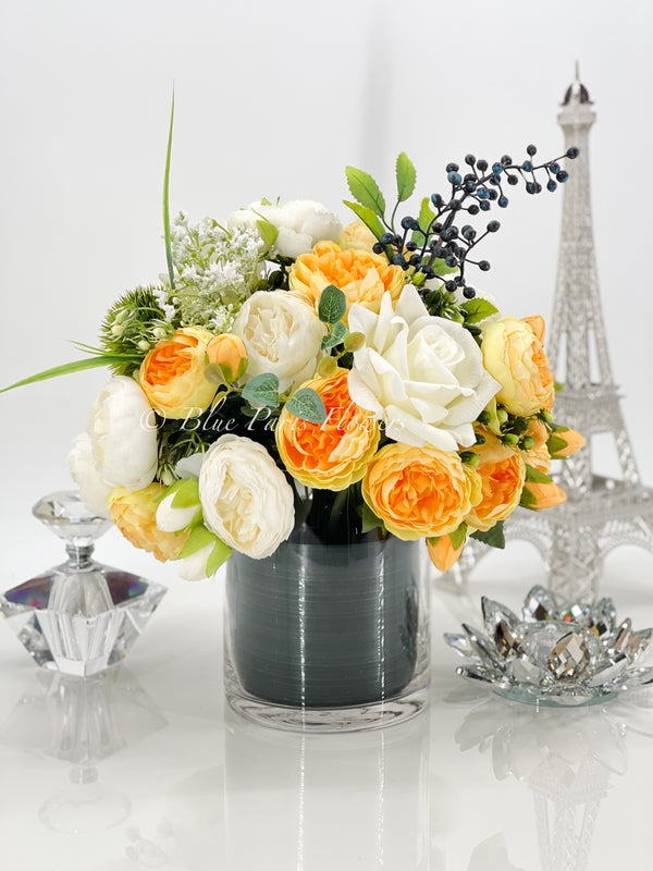 Modern Yellow White Rose Peony Arrangement, Artificial Faux Centerpiece Silk Flowers Floral Centerpiece French Decor in Circular Glass Vase for Home