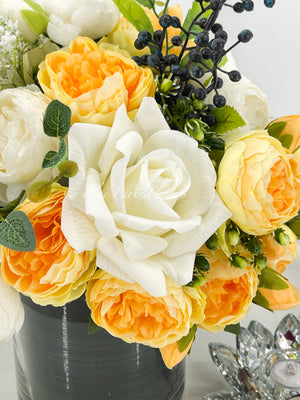 Modern Yellow White Rose Peony Arrangement, Artificial Faux Centerpiece Silk Flowers Floral Centerpiece French Decor in Circular Glass Vase for Home