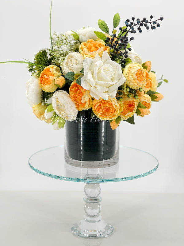 Modern Yellow White Rose Peony Arrangement, Artificial Faux Centerpiece Silk Flowers Floral Centerpiece French Decor in Circular Glass Vase for Home