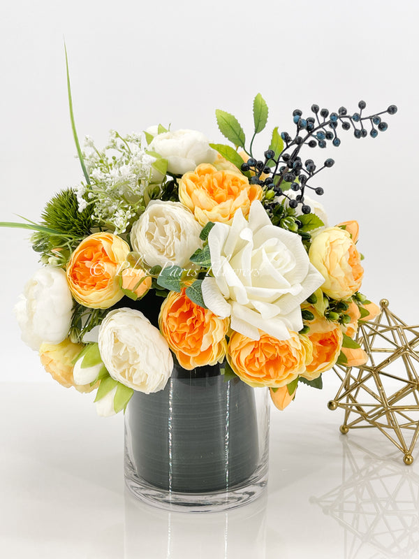 Modern Yellow White Rose Peony Arrangement, Artificial Faux Centerpiece Silk Flowers Floral Centerpiece French Decor in Circular Glass Vase for Home