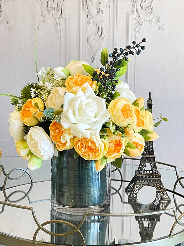 Modern Yellow White Rose Peony Arrangement, Artificial Faux Centerpiece Silk Flowers Floral Centerpiece French Decor in Circular Glass Vase for Home