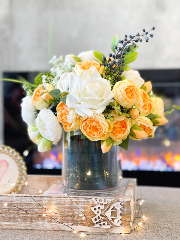 Modern Yellow White Rose Peony Arrangement, Artificial Faux Centerpiece Silk Flowers Floral Centerpiece French Decor in Circular Glass Vase for Home