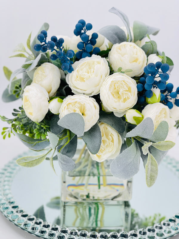 Large White Rose Peony, Blue Berries with Greenery Arrangement, Artificial Faux Centerpiece, French Silk Floral Flowers Glass Vase for Home Decor