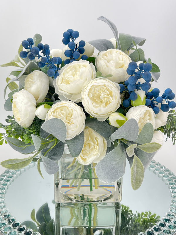 Large White Rose Peony, Blue Berries with Greenery Arrangement, Artificial Faux Centerpiece, French Silk Floral Flowers Glass Vase for Home Decor