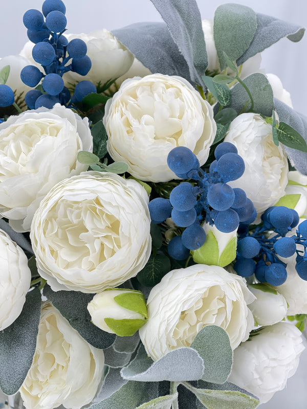 Large White Rose Peony, Blue Berries with Greenery Arrangement, Artificial Faux Centerpiece, French Silk Floral Flowers Glass Vase for Home Decor