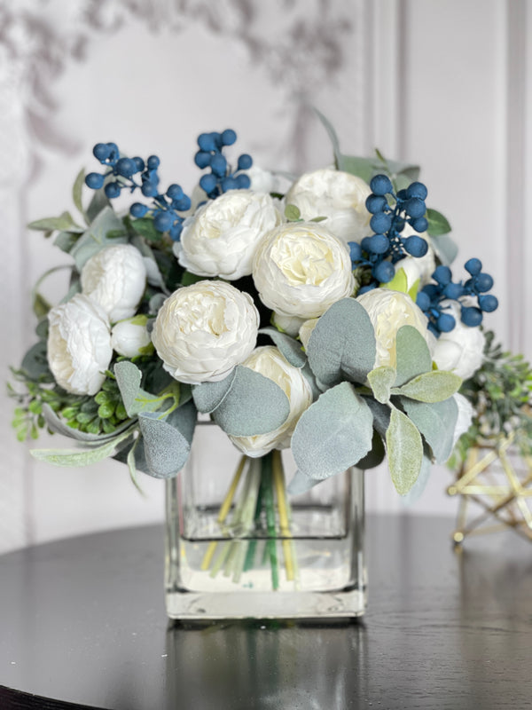 Large White Rose Peony, Blue Berries with Greenery Arrangement, Artificial Faux Centerpiece, French Silk Floral Flowers Glass Vase for Home Decor