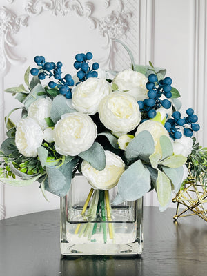 Large White Rose Peony, Blue Berries with Greenery Arrangement, Artificial Faux Centerpiece, French Silk Floral Flowers Glass Vase for Home Decor