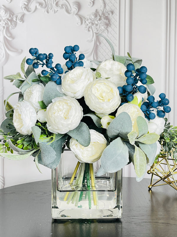 Large White Rose Peony, Blue Berries with Greenery Arrangement, Artificial Faux Centerpiece, French Silk Floral Flowers Glass Vase for Home Decor