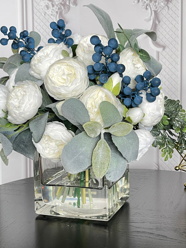 Large White Rose Peony, Blue Berries with Greenery Arrangement, Artificial Faux Centerpiece, French Silk Floral Flowers Glass Vase for Home Decor
