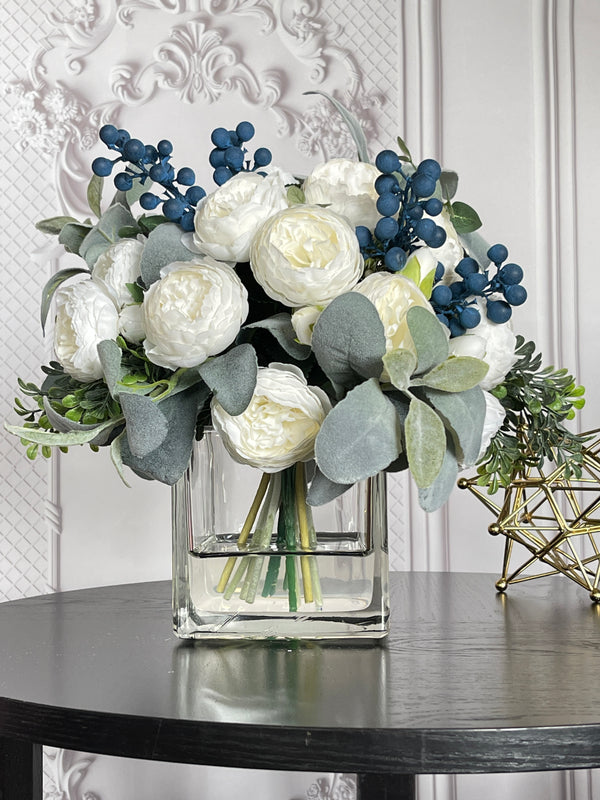Large White Rose Peony, Blue Berries with Greenery Arrangement, Artificial Faux Centerpiece, French Silk Floral Flowers Glass Vase for Home Decor