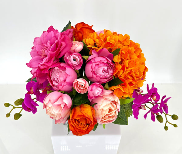 Pink/Orange/Fuchsia Peonies, Roses, Hydrangea Arrangement Artificial Faux Centerpiece Floral Decor Gift Silk Real Touch Flowers Home/Kitchen