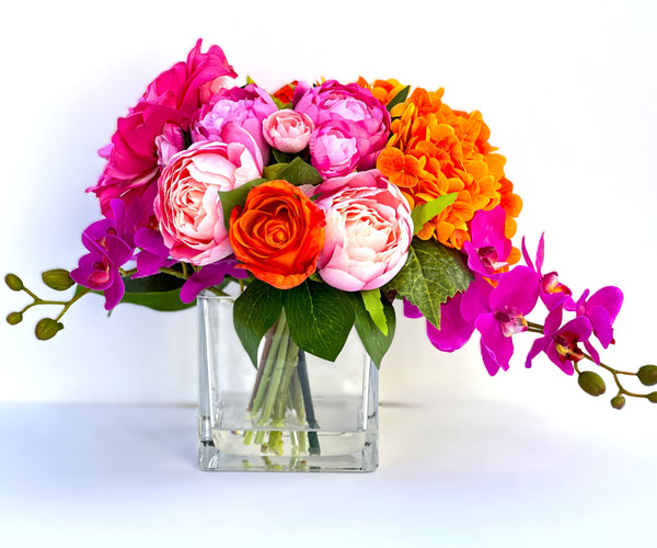 Pink/Orange/Fuchsia Peonies, Roses, Hydrangea Arrangement Artificial Faux Centerpiece Floral Decor Gift Silk Real Touch Flowers Home/Kitchen