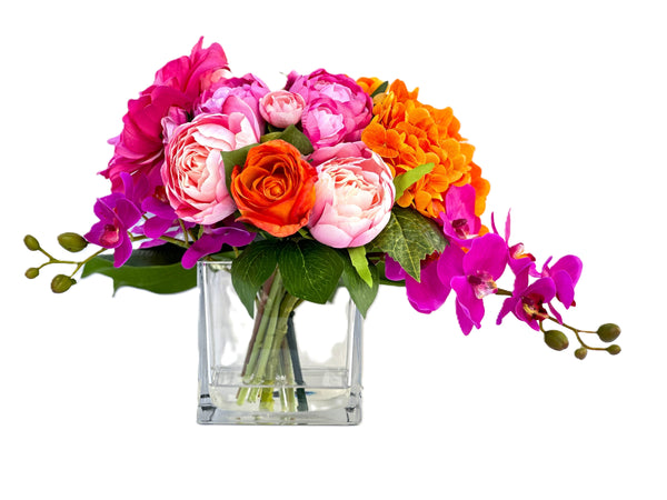 Pink/Orange/Fuchsia Peonies, Roses, Hydrangea Arrangement Artificial Faux Centerpiece Floral Decor Gift Silk Real Touch Flowers Home/Kitchen