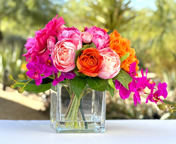 Pink/Orange/Fuchsia Peonies, Roses, Hydrangea Arrangement Artificial Faux Centerpiece Floral Decor Gift Silk Real Touch Flowers Home/Kitchen