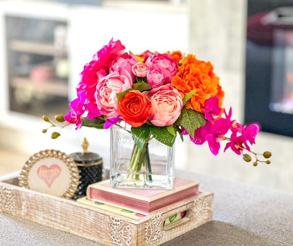 Pink/Orange/Fuchsia Peonies, Roses, Hydrangea Arrangement Artificial Faux Centerpiece Floral Decor Gift Silk Real Touch Flowers Home/Kitchen