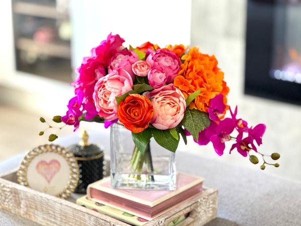 Pink/Orange/Fuchsia Peonies, Roses, Hydrangea Arrangement Artificial Faux Centerpiece Floral Decor Gift Silk Real Touch Flowers Home/Kitchen