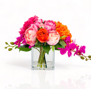Pink/Orange/Fuchsia Peonies, Roses, Hydrangea Arrangement Artificial Faux Centerpiece Floral Decor Gift Silk Real Touch Flowers Home/Kitchen