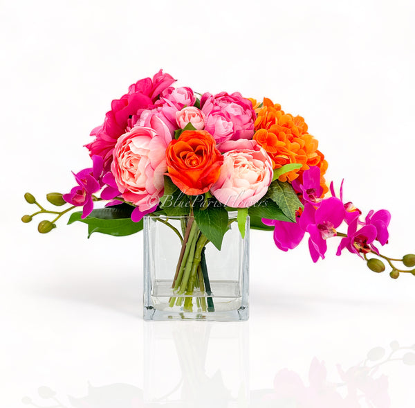 Pink/Orange/Fuchsia Peonies, Roses, Hydrangea Arrangement Artificial Faux Centerpiece Floral Decor Gift Silk Real Touch Flowers Home/Kitchen