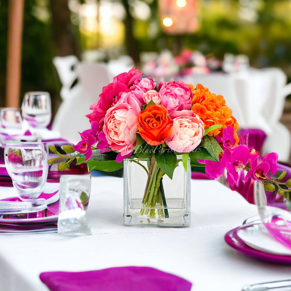 Pink/Orange/Fuchsia Peonies, Roses, Hydrangea Arrangement Artificial Faux Centerpiece Floral Decor Gift Silk Real Touch Flowers Home/Kitchen