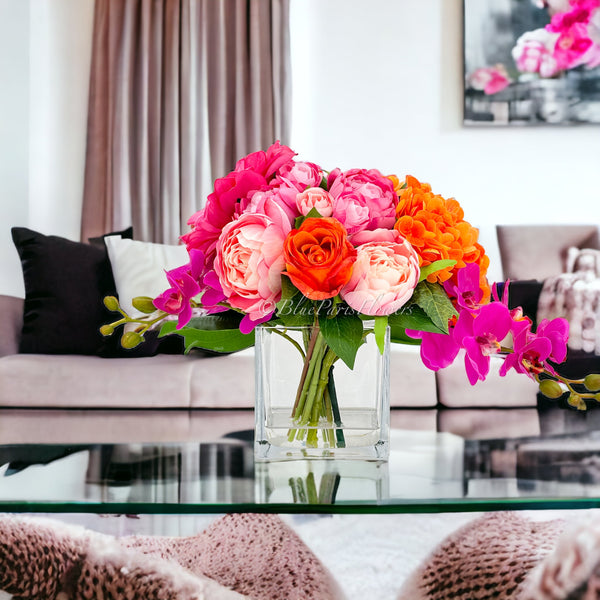 Pink/Orange/Fuchsia Peonies, Roses, Hydrangea Arrangement Artificial Faux Centerpiece Floral Decor Gift Silk Real Touch Flowers Home/Kitchen