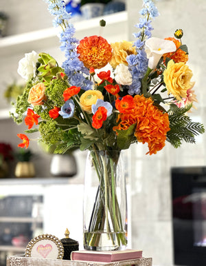Vibrant Spring Garden Artificial Floral Arrangement in Glass Vase – Real Touch Luxury Centerpiece