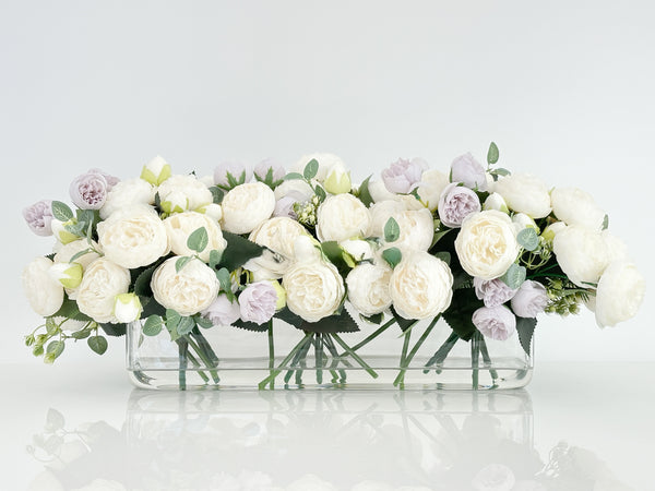16” White Lavender Rose Peony Arrangement Modern Artificial Faux Centerpiece Floral Flower Arrangement Silk Flowers Glass Vase French Decor