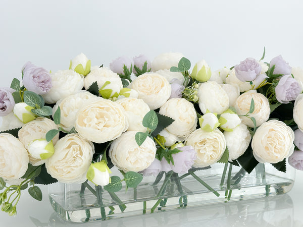 16” White Lavender Rose Peony Arrangement Modern Artificial Faux Centerpiece Floral Flower Arrangement Silk Flowers Glass Vase French Decor