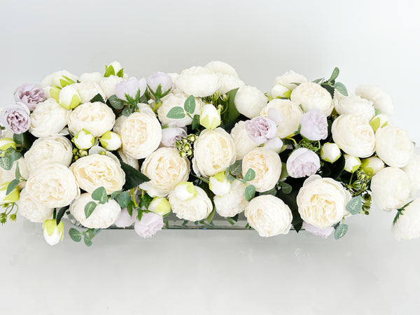 16” White Lavender Rose Peony Arrangement Modern Artificial Faux Centerpiece Floral Flower Arrangement Silk Flowers Glass Vase French Decor