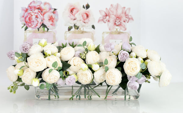 16” White Lavender Rose Peony Arrangement Modern Artificial Faux Centerpiece Floral Flower Arrangement Silk Flowers Glass Vase French Decor