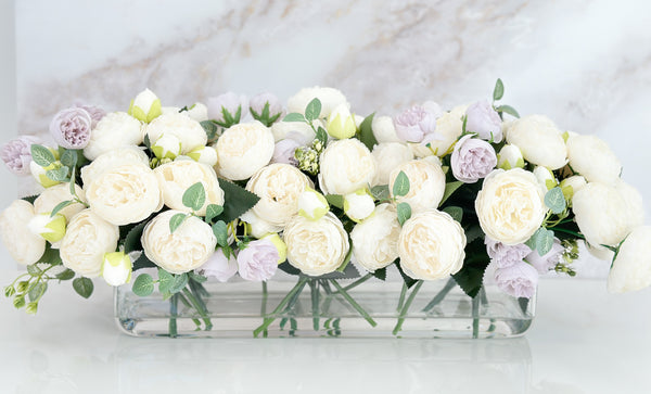 16” White Lavender Rose Peony Arrangement Modern Artificial Faux Centerpiece Floral Flower Arrangement Silk Flowers Glass Vase French Decor