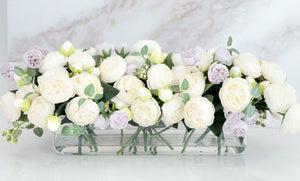 16” White Lavender Rose Peony Arrangement Modern Artificial Faux Centerpiece Floral Flower Arrangement Silk Flowers Glass Vase French Decor