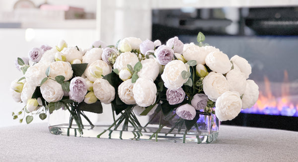 16” White Lavender Rose Peony Arrangement Modern Artificial Faux Centerpiece Floral Flower Arrangement Silk Flowers Glass Vase French Decor