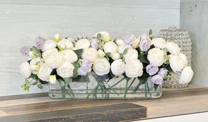16” White Lavender Rose Peony Arrangement Modern Artificial Faux Centerpiece Floral Flower Arrangement Silk Flowers Glass Vase French Decor
