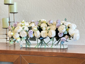 16” White Lavender Rose Peony Arrangement Modern Artificial Faux Centerpiece Floral Flower Arrangement Silk Flowers Glass Vase French Decor
