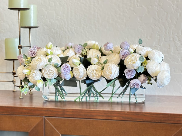 16” White Lavender Rose Peony Arrangement Modern Artificial Faux Centerpiece Floral Flower Arrangement Silk Flowers Glass Vase French Decor