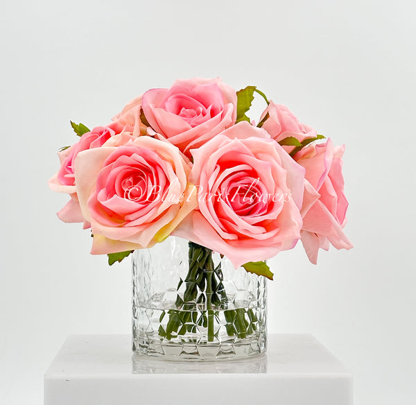 Pink Real Touch Roses Arrangement in Vase, French Country Artificial Flowers Faux Floral Home Decor Realistic, Birthday/Wedding Decor Blue Paris