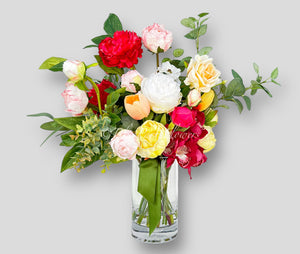 Unique Faux Flower Arrangement, Peonies, Roses, Greens in Vase, Floral Decor Real Touch Centerpiece Faux Artificial Flowers Silk Arrangement