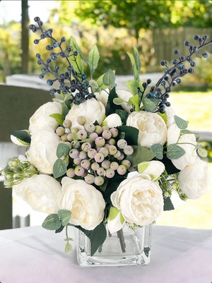 White Peonies/Berries/Blueberries Arrangement, Artificial Faux Centerpiece Faux Floral Silk Flowers in Glass Vase for Home Decor Blue Paris