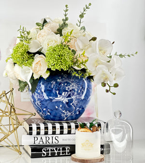 White Peonies, Orchids, Rose, Arrangement Artificial Faux Centerpiece, Unique Custom Floral Decor, Silk & Real Touch Flowers Blue Vase Home Decor