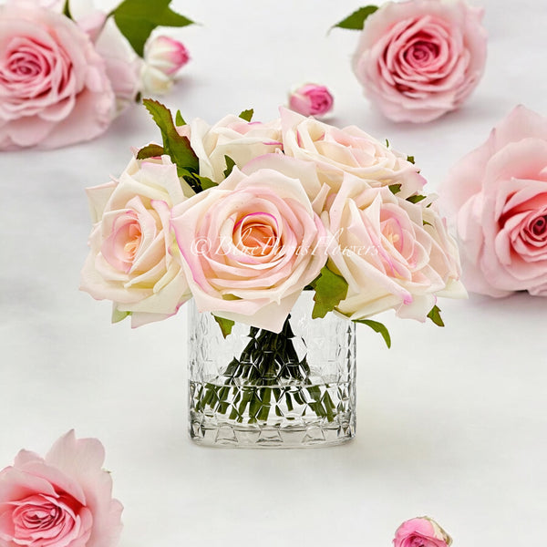 Light Pink Real Touch Roses Arrangement in Vase, French Country Artificial Flowers Faux Floral Home Decor Realistic, Birthday/Wedding Decor Blue Paris