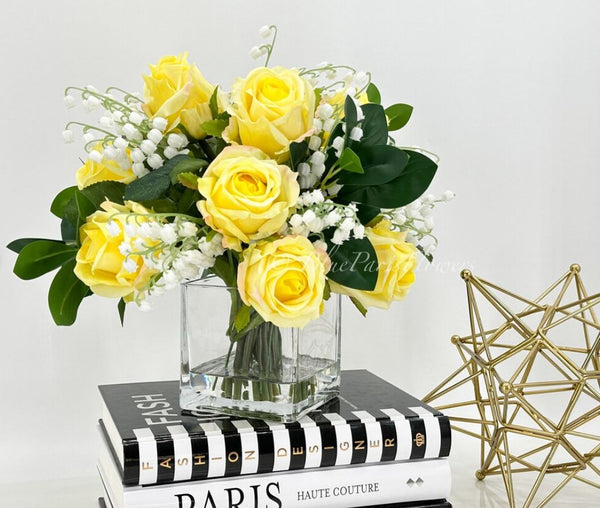 Yellow Real Touch Roses Arrangement, Artificial Faux Centerpiece, Unique French Flowers Valley Lillies in Glass Vase Home Decor Floral Gift