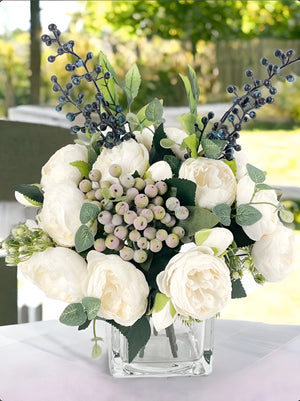 White Peonies/Berries/Blueberries Arrangement, Artificial Faux Centerpiece Faux Floral Silk Flowers in Glass Vase for Home Decor Blue Paris