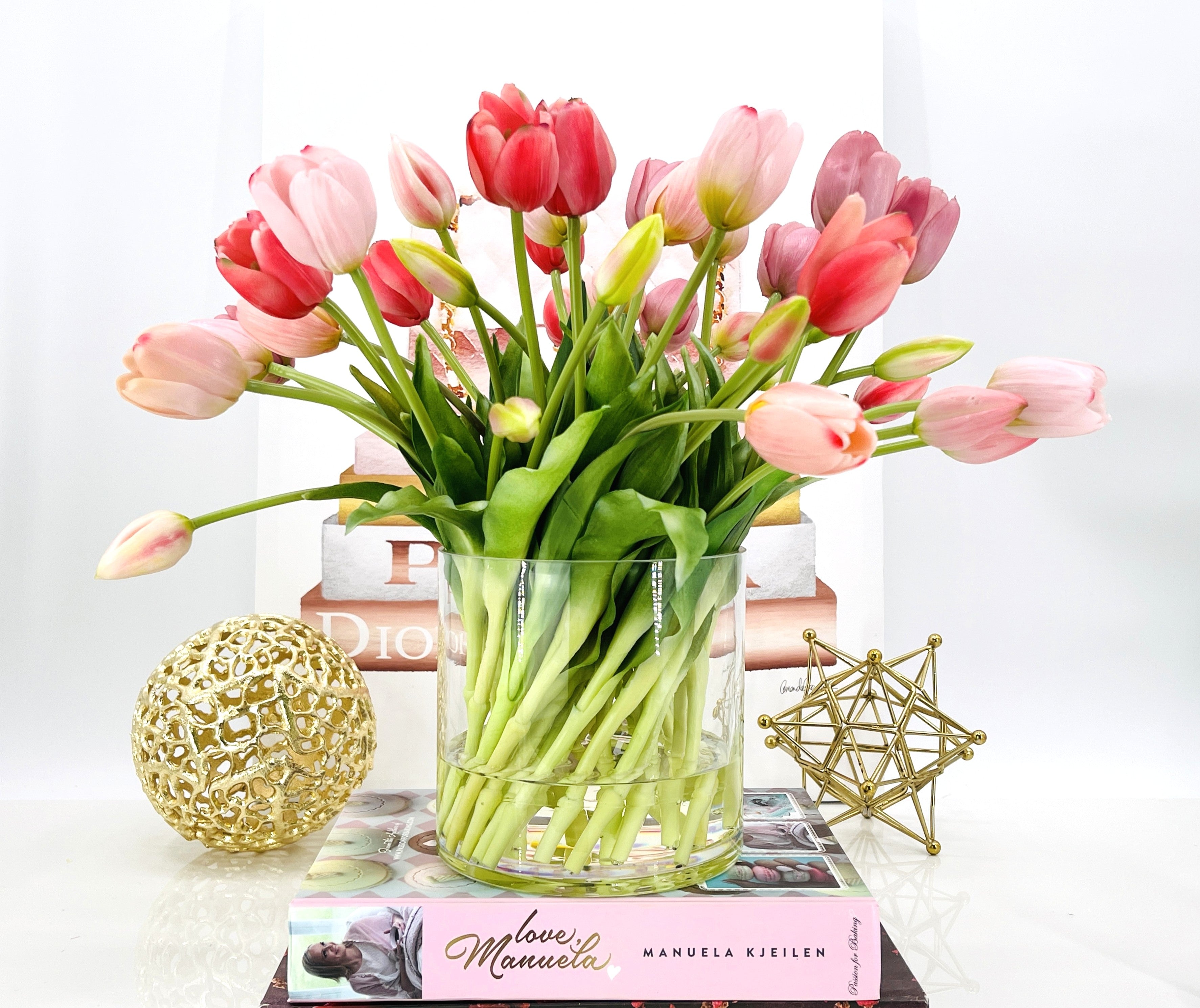 Pink Mix Real Touch Tulips in Glass Vase, Home Decor Faux Flower 