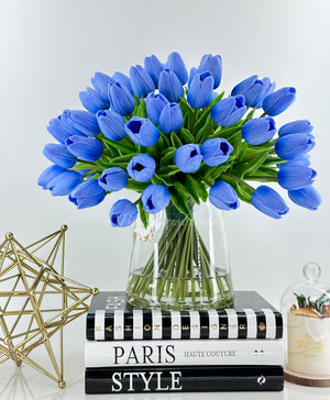 X-Large 60 Light Blue Tulips Modern Faux Floral Arrangement | Real Touch Artificial Faux Forever Flowers in Glass Vase, Faux Flowers in Vase