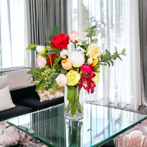 Unique Faux Flower Arrangement, Peonies, Roses, Greens in Vase, Floral Decor Real Touch Centerpiece Faux Artificial Flowers Silk Arrangement