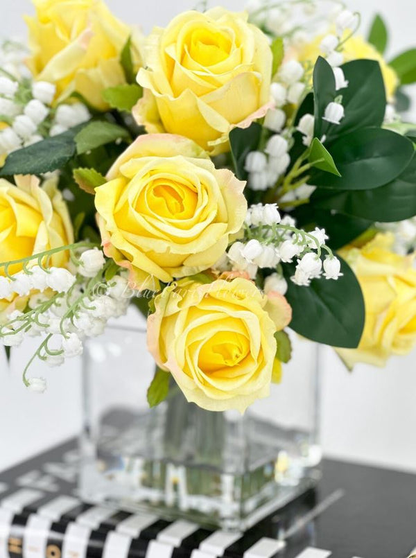 Yellow Real Touch Roses Arrangement, Artificial Faux Centerpiece, Unique French Flowers Valley Lillies in Glass Vase Home Decor Floral Gift